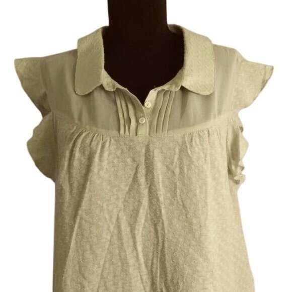 ModCloth L Blouse Womens Green Flutter Sleeve Button Popover Top Textured Fabric - Picture 6 of 12